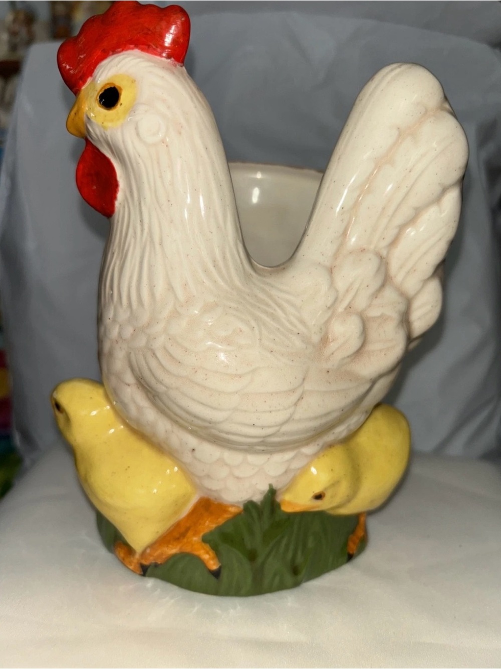 Ceramic Hen Planter with Yellow Chicks - White Ceramic Home Art